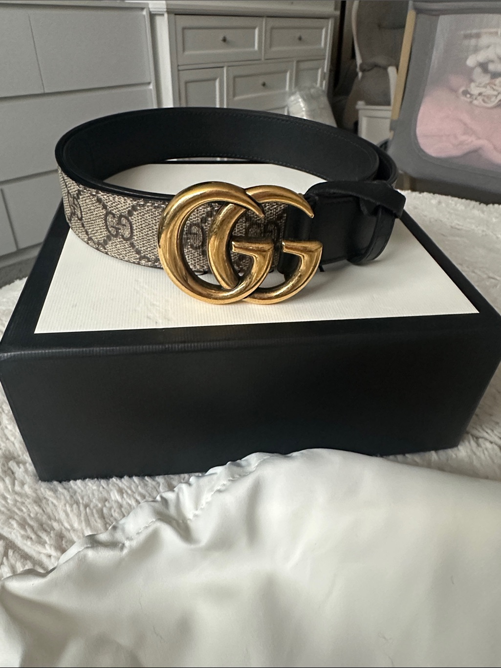 Gucci Beige Monogram Canvas Belt With Black Trim And Gold Double G Buckle